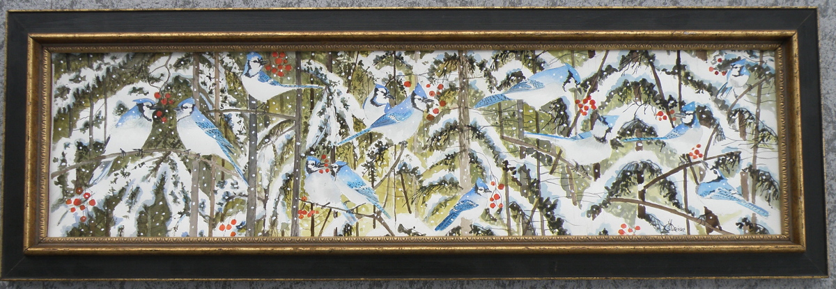 A Play of Jays, watercolour, 8 x 30, Feb. 2017, for Visual Journey Show.jpg